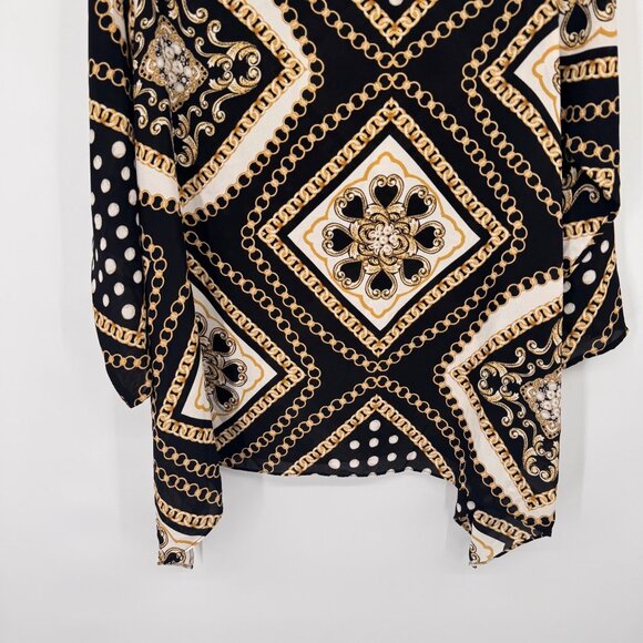 Chicos 2 Womens Black Gold Geometric Chain Print cold shoulder Blouse Size large - Picture 6 of 10